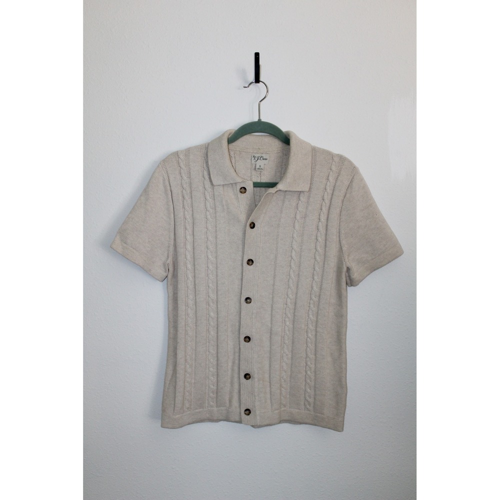 J.Crew Mens Small Oatmeal Beige Cable Knit Button Down Short Sleeve Polo Sweater